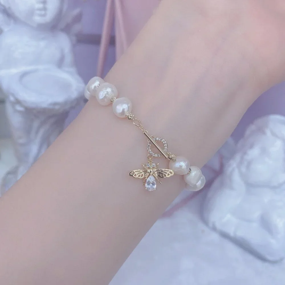 NEW 14K Gold Plated Bee Pearl Toggle Bracelet